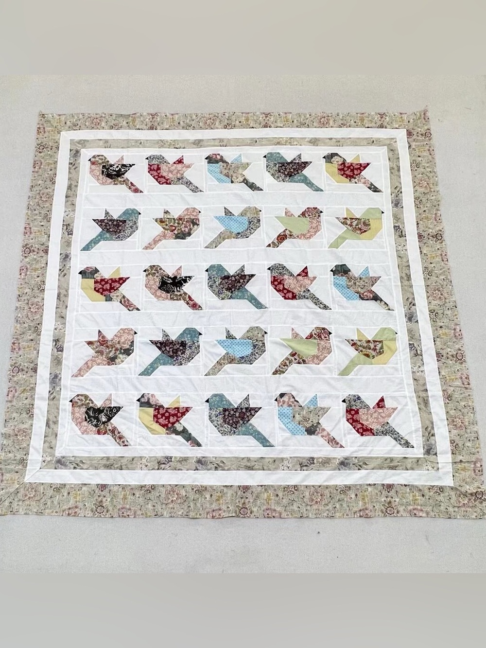 Handmade Original birds Patchwork Cotton Quilt Top/Topper Machine pieced 86x86”